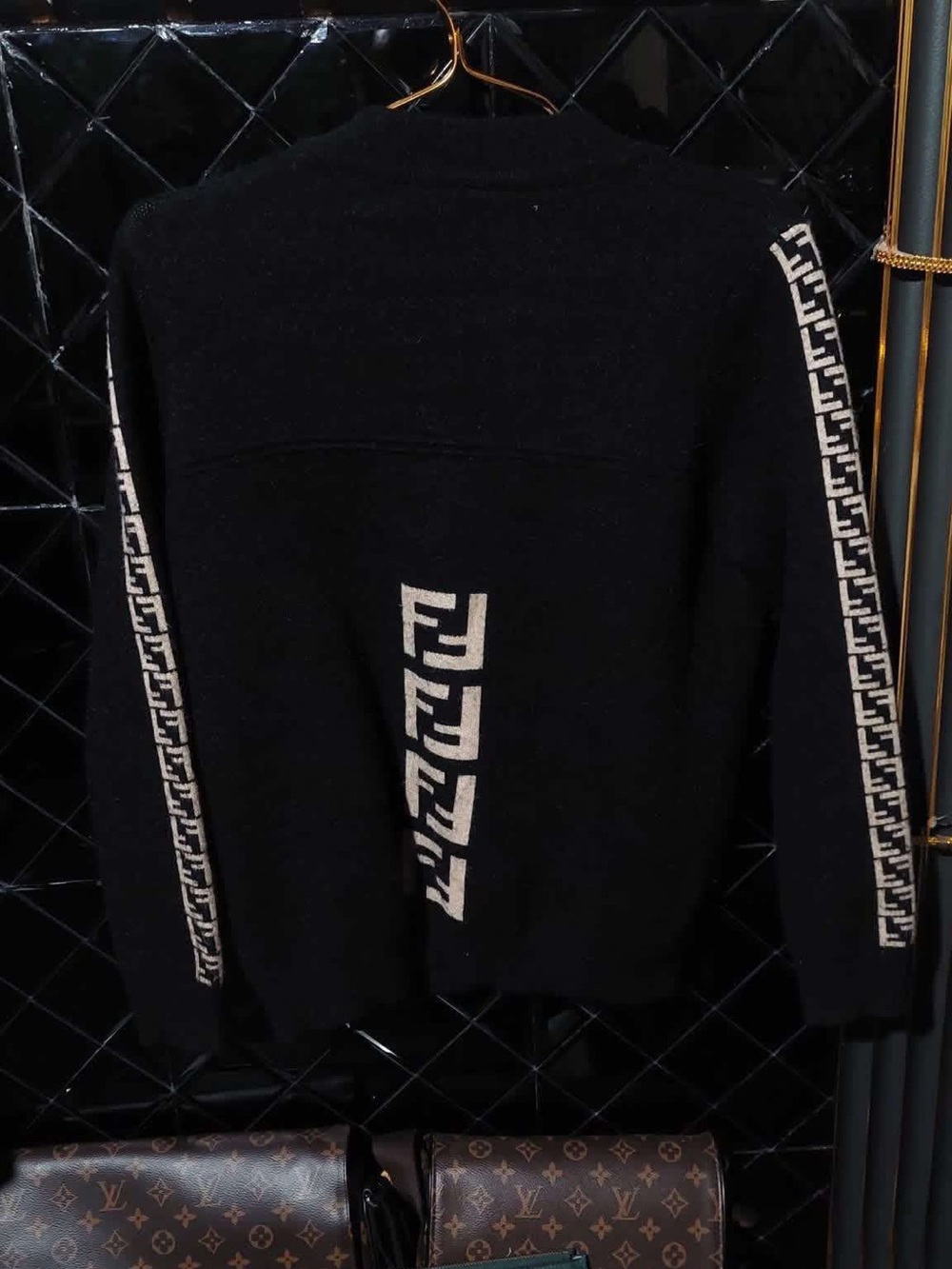 Fendi Black Crewneck Sweater with Cream FF Logo Stripes from japan